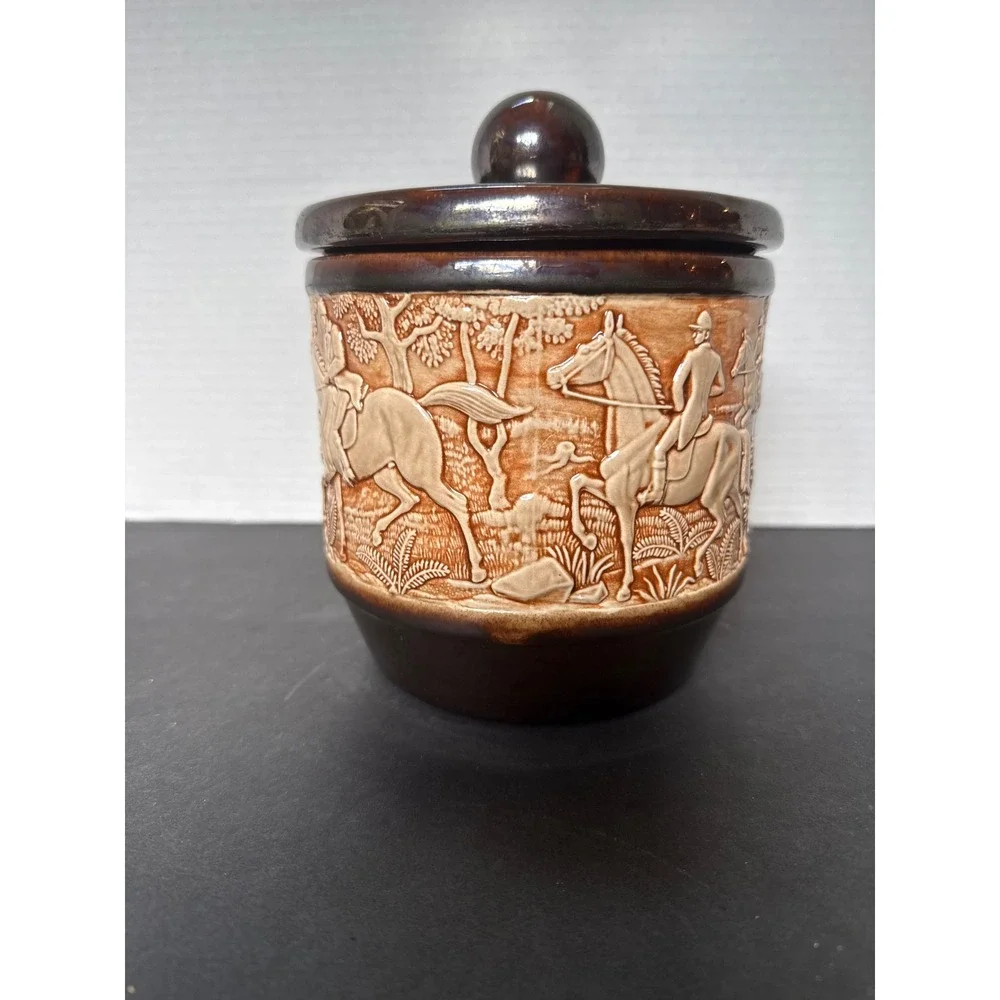 Vintage Ceramic Fox Hunt Scene Canister Lidded Jar Equestrian Relief Brown